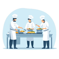 Three chefs skillfully preparing gourmet dishes in a professional kitchen, displaying culinary techniques and fresh ingredients, showcasing teamwork and creativity in cooking.