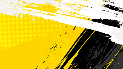 Yellow grunge background with halftone dots with white and black brush strokes painted diagonally.