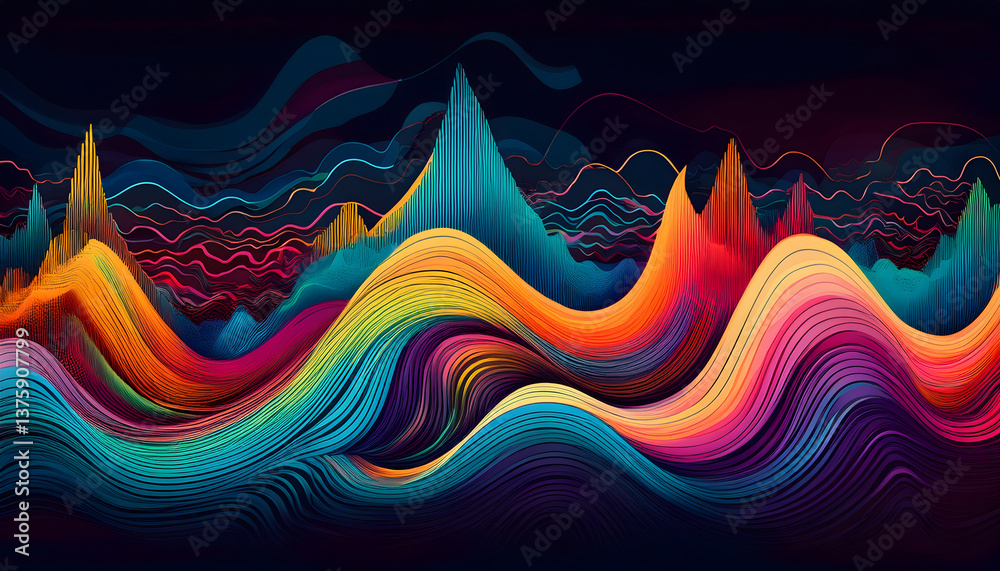 Poster Abstract wavy landscape with colorful lines and peaks, creating a vibrant, dynamic visual effect