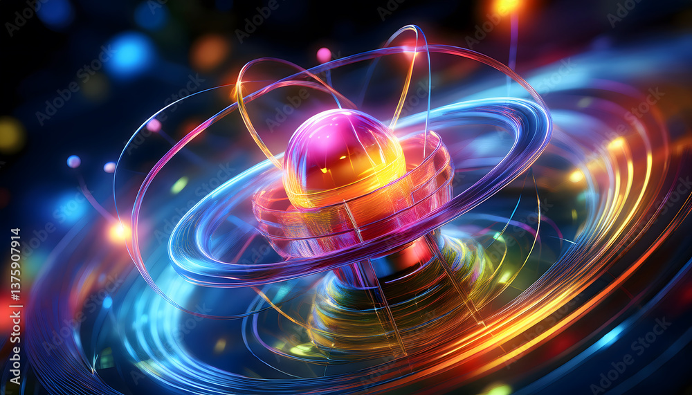 Poster Colorful atomic structure with glowing particles and orbits, representing energy and science concepts
