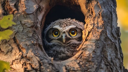 A small owl looks directly outward from a tree hollow