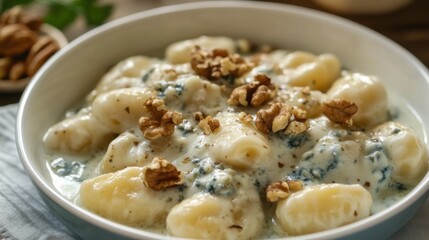 Delicious gnocchi in creamy sauce topped with walnuts served in a rustic bowl for a comforting meal
