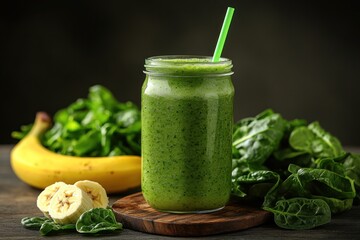 Green smoothie in jar, ingredients on wooden table, dark background