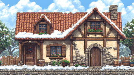 Pixel Art Image of Quaint Snow Covered Cottage with Stone and Timber Detailing Under a Bright Blue Sky