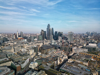 Aerial shot over City of London towards Towers UK