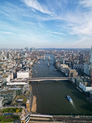 Aerial view over London towards Tower Bridge UK 