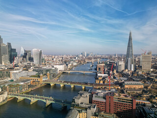 Aerial view over London towards Tower Bridge UK 