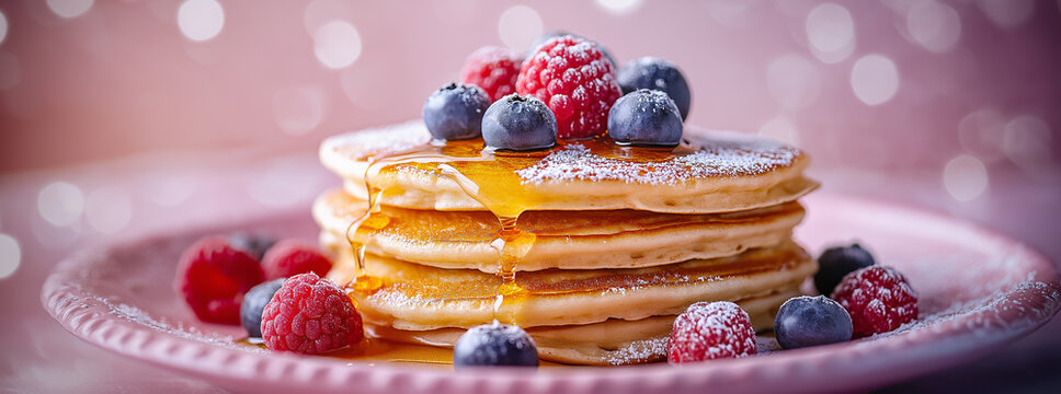 A stack of pancakes with blueberries, raspberries and strawberries, honey dripping down the sides of each pancake, a dusting of powdered sugar on top.