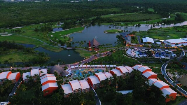Aerial view of a luxury resort on the coast of the Dominican Republic. A popular exclusive resort. A beach with golden sand. Paradise tropical nature, exotic holidays, vacations, travel