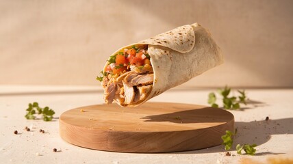 A floating burrito filled with juicy chicken, fresh salsa, and green onions, captured in a light, minimalist background, perfect for modern food photography. 
