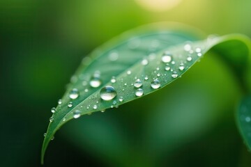 Fototapeta premium Dewdrops on green leaf in nature