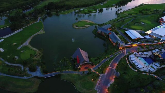 Aerial view of a luxury resort on the coast of the Dominican Republic. A popular exclusive resort. A beach with golden sand. Paradise tropical nature, exotic holidays, vacations, travel