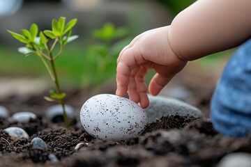 A child's small hand is reaching toward a smooth, white egg found nestled in rich soil, illustrating the wonder and excitement of discovery in nature's beauty.
