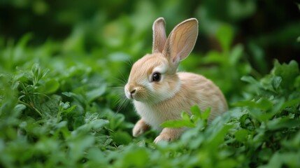 Obraz premium Adorable fluffy bunny rabbit nestled within vibrant green foliage