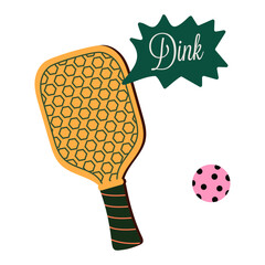 Colorful pickleball paddle with a geometric pattern alongside a pink polka dot ball and a text bubble with 
