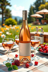 Rosé wine bottle mockup with glasses in a bright outdoor picnic setting, capturing a relaxed and elegant atmosphere