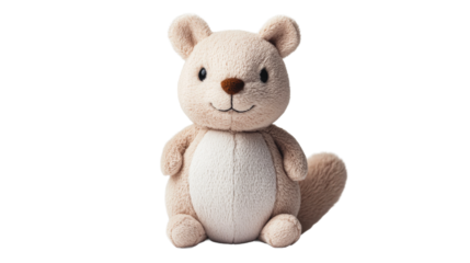 Stuffed squirrel toy with brown nose and cute smile, cut out transparent