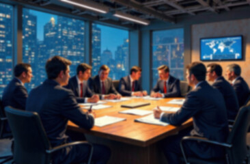 Businessmen engaged in discussion around a conference table at night  