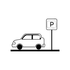 Car next to parking sign in outline style