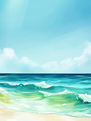 Obraz premium Sunny Seascape: Vibrant Waves, Sandy Beach, and Azure Sky