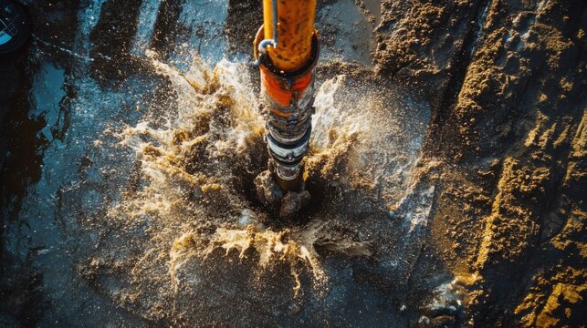 Heavy machinery drilling into wet ground at construction site during daytime