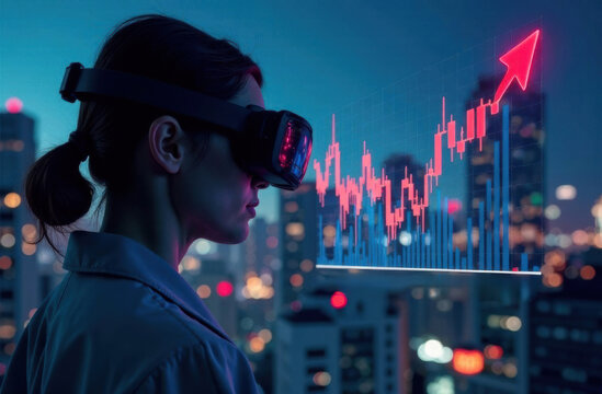 Woman Wearing VR Headset Analyzing Data Against City Background  