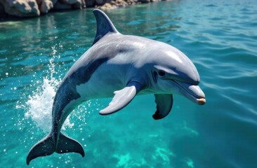 Obraz premium Dolphin leaping joyfully over clear blue water 