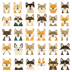A collection of diverse dog faces, showcasing various breeds and expressions, perfect for pet-themed designs, illustrations, or educational materials.