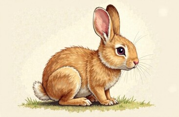Fototapeta premium Brown rabbit sitting in a grassy field against a light background 