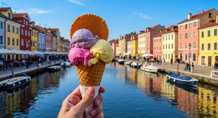 Hand holding colorful ice cream cone on backdrop of vibrant Mediterranean buildings and canal. Triple scoop gelato with flavors in waffle cone. Summer vacation treat. Italian tourism, culinary