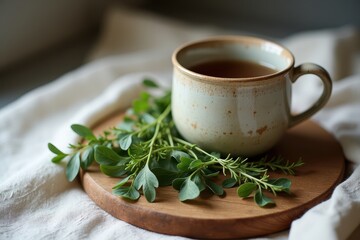 Cozy herbal tea with fresh green leaves on wooden tray