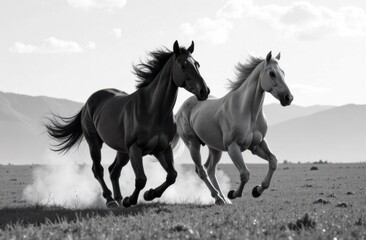 Fototapeta premium Two horses running freely in a field under a cloudy sky 