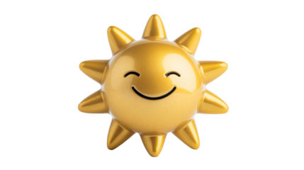 Cheerful sun with smiling face radiates warmth, cut out transparent