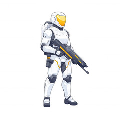 Obraz premium A futuristic soldier in white armor wielding a sleek weapon, showcasing advanced technology in a digital art style, perfect for gaming and sci-fi themes.