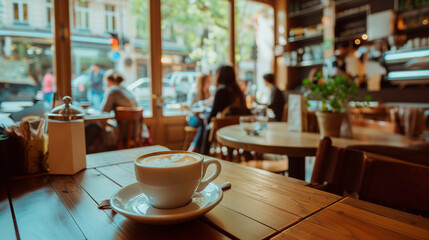 A cup of coffee with latte art on a wooden table in a cozy coffee shop. In the background, people chat and enjoy the relaxed atmosphere, with a view of the street through large windows.
