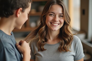 Smiling young woman with friend indoors enjoying casual conversation
