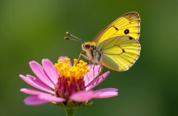 Yellow butterfly resting on a pink flower in a lush green background  