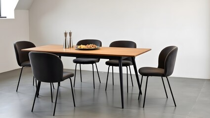 Interior design of stylish dining room interior with family wooden table, modern chairs, plate with nuts, salt and pepper shakers.
