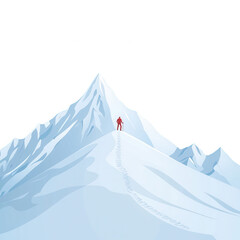 A lone climber stands triumphantly atop a snow-covered peak, symbolizing achievement and adventure against a clear blue sky.