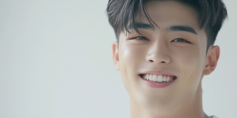 Young man smiling brightly indoors, showcasing a joyful expression in a soft-lit environment during daytime