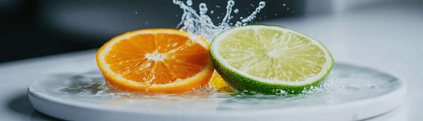 Freshly cut orange and lime slices splash in water, creating refreshing and vibrant scene