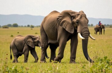 Obraz premium Elephant mother and calf walking gracefully in a green landscape 