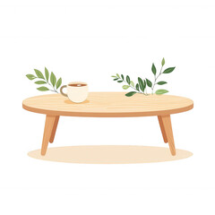 A minimalist coffee table with a cup and greenery, perfect for modern living spaces. This design adds a touch of elegance and style to any home decor.