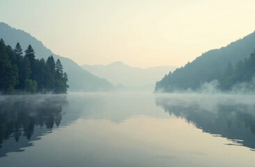 Fototapeta premium Serene landscape reflecting mountains and mist over calm water 