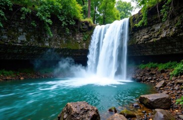 Fototapeta premium Majestic waterfall cascading into serene turquoise pool 