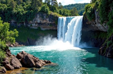 Fototapeta premium Majestic waterfall cascading into turquoise river amidst greenery 