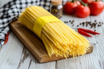Spaghetti Pasta Still Life with Tomatoes and Spices on Wood Table