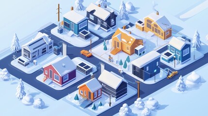 Obraz premium Isometric illustration of a neighborhood microgrid system powered by LFP battery storage units, with cutaway homes showing energy flow from batteries to appliances, illustration