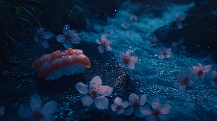 Sushi rests amidst a flowing river with cascading blossoms at night. Eerie and magical vibes