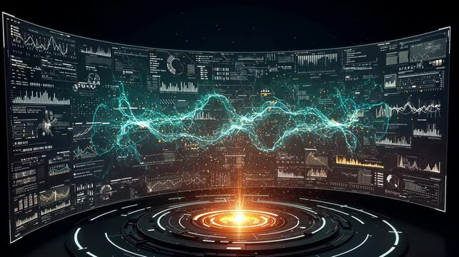 Futuristic data visualization with glowing graphics and wave patterns.